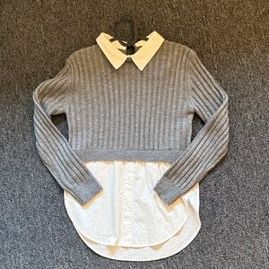 Zara Gray Ribbed Knit Sweater with White Shirt Hem